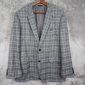 BOSS Hugo Boss Blazer Mens 44R Grey Blue Windowpane Plaid Linen Blend Preppy